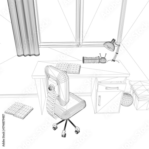 A children's room wireframe model features a desk and chair as the main focus, with a lamp, various objects, and a book on the floor. The scene is set before a window with a curtain.