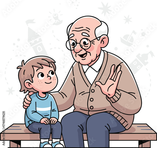 Grandfather storytelling moment, elderly man with child, intergenerational bonding, cartoon bench scene, wisdom sharing, kids learning, vector art, white background