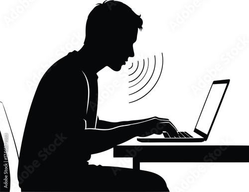 Man Talking to Laptop Silhouette Vector – Voice Recognition and Smart Technology Concept