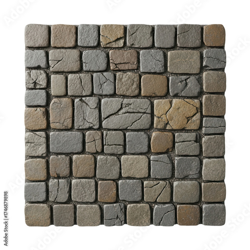 Seamless decorative stone texture background pattern of weathered cobblestone pavers isolated PNG with Transparent Background