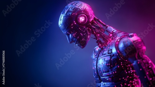 3D humanoid AI robot with glowing circuits in neon blue and purple cyberpunk style. Concept:
AI, robotics, cyberpunk, futuristic tech, innovation, digital future, machine intelligence, sci-fi design