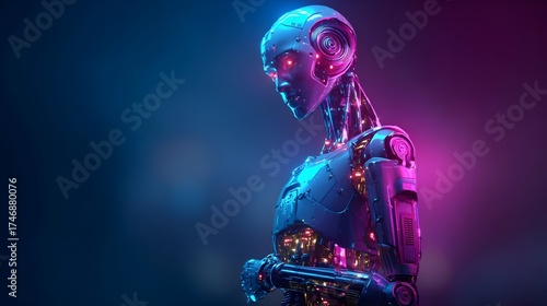 3D humanoid AI robot with glowing circuits in neon blue and purple cyberpunk style. Concept:
AI, robotics, cyberpunk, futuristic tech, innovation, digital future, machine intelligence, sci-fi design