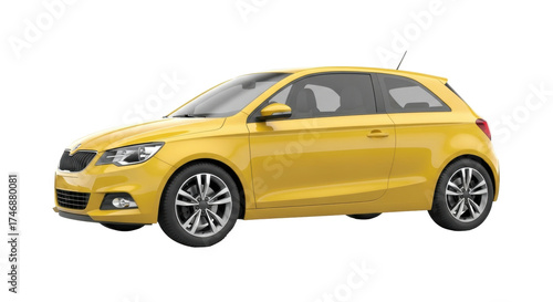 Isolated yellow subcompact car, sporty hatchback with alloy wheels, studio automotive shot