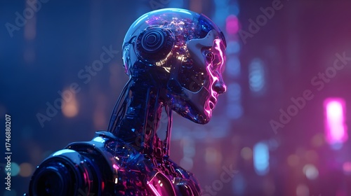 3D humanoid AI robot with glowing circuits in neon blue and purple cyberpunk style. Concept:
AI, robotics, cyberpunk, futuristic tech, innovation, digital future, machine intelligence, sci-fi design