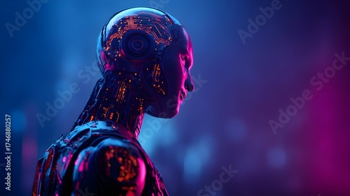 3D humanoid AI robot with glowing circuits in neon blue and purple cyberpunk style. Concept:
AI, robotics, cyberpunk, futuristic tech, innovation, digital future, machine intelligence, sci-fi design