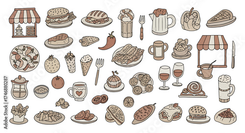 A delightful assortment of hand-drawn food and drink items, showcasing various culinary delights and beverages in a charming doodle style.