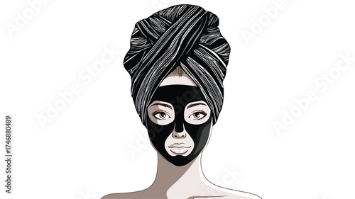 Professional Woman Skincare Routine with Black Mud Mask and Turban for Beauty