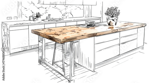 Modern Wooden Kitchen Island Countertop in Stylish Home Interior Design