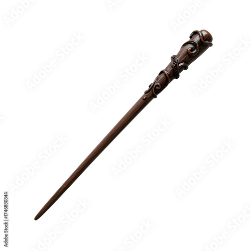 Wooden wand on black backdrop featuring detailed carvings and craftsmanship