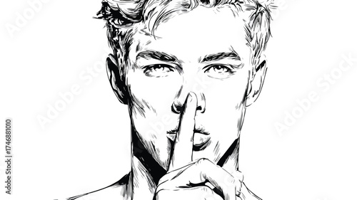 Young Man Standing Making Hush Sign with Finger on Lips - Quiet Gesture Concept