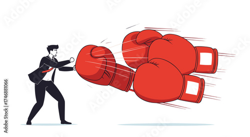 Business man facing giant boxing gloves head on.

