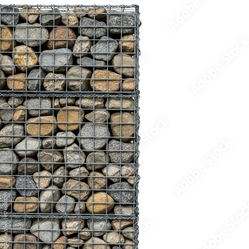 Gabion wall detail showcasing texture of stones, rocks, and steel wire construction material isolated PNG with Transparent Background