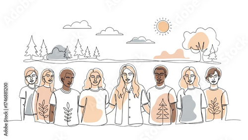 Continuous Line Drawing of Diverse Non-Binary Individuals Standing in a Circle Outdoors – Minimalist Inclusion & Unity Illustration