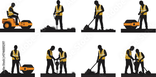 Construction worker silhouettes, road labor, safety vest, hard hat, teamwork, heavy equipment, jackhammer, shovel, teamwork, infrastructure, Christmas zombie illustration
