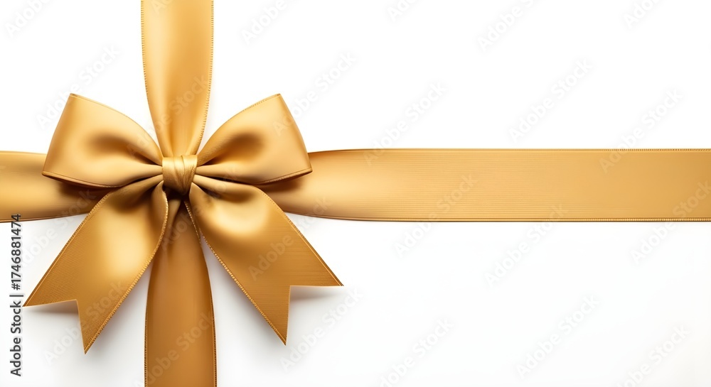 Fototapeta premium Elegant gold satin ribbon bow tied on a white background for gifts and celebrations