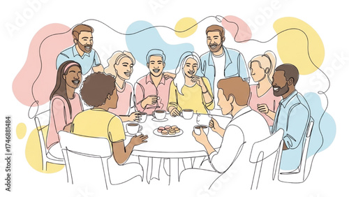 Continuous Line Drawing of LGBTQ+ Friends Talking and Laughing Over Coffee – Minimalist Friendship & Inclusivity Illustration