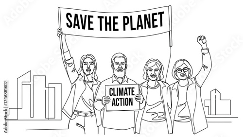 Continuous Line Art of Environmental Activists Marching in Climate Protest with Banners and Signs, Minimalist Black and White Vector Illustration