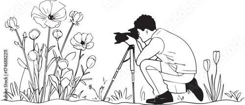 a photographer is kneeling down, taking pictures of flowers. the image is a simple line drawing, a vector illustration with a white background