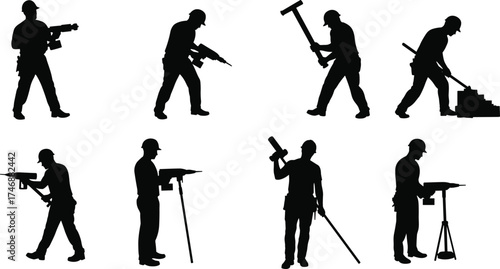Construction worker silhouettes, surveyor tripod, building labor, industrial tools, bricklayer, heavy equipment, site engineer, teamwork, Christmas zombie, professional illustration