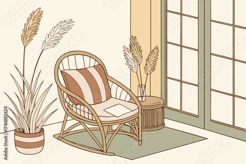  rattan armchair, striped pillow, wooden side table, dried pampas grass, minimalist interior, natural lighting, earthy color palette