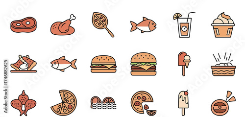 Colorful food icons set including meat fish pizza and dessert.