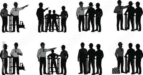 Construction workers in safety helmets, teamwork discussion, industrial site communication, workplace safety illustration, professional engineers planning, teamwork collaboration