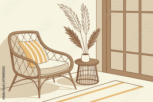  rattan armchair, striped pillow, wooden side table, dried pampas grass, minimalist interior, natural lighting, earthy color palette