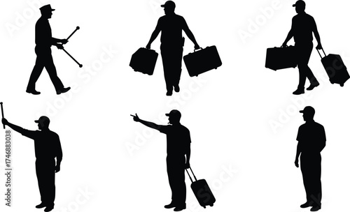 Silhouette vector illustration of people traveling with luggage, crutches, cane, and walking aids showing mobility, accessibility, and transportation concepts