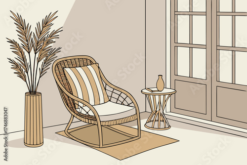  rattan armchair, striped pillow, wooden side table, dried pampas grass, minimalist interior, natural lighting, earthy color palette