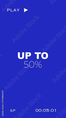 Blue screen with play discount time and static lines graphics. Ideal for digital promotions, advertising videos, or gamingrelated content. 4k vertical video