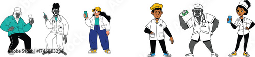 Cartoon Healthcare Workers in Medical Professions Featuring Gorillas and Humans, Clinicians Consulting on Mobile Phones, Innovative Telemedicine Approach to Modern Medicine, Doctor Consultation Illust
