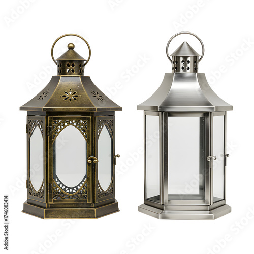 Two Lanterns Decorative Lights Bronze and Silver on Black Backdrop