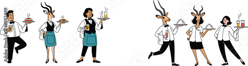 Anthropomorphic Waiters Serving Refreshments in a Restaurant Setting:  A Whimsical Concept with Humanoid Animals, Attentive Service, Hospitality, Customer Experience, Food Service Industry, Modern Des