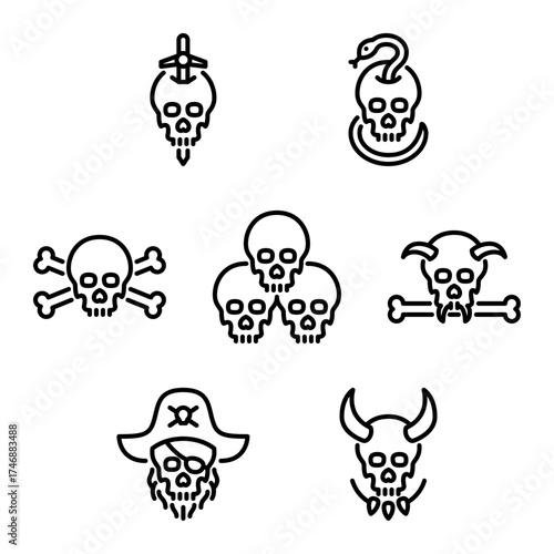 Fantasy human Skull icon Set. Skull and bones line art illustration.