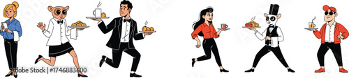 Eclectic Waitstaff Serving Orders in a Busy Restaurant: Diverse characters including humans and animals in uniform carry trays of food and drinks in fast-paced service, catering, hospitality, lifestyl