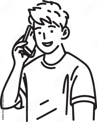 a simple, flat-line illustration of an asian man with blue hair, wearing casual and holding up his smartphone to make a phone call. the artwork is depicted