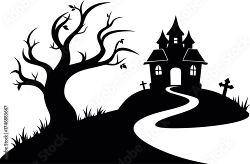 Haunted House on a Winding Path with Gravestones Spooky Halloween Scene