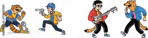 Animated Characters on a Mission: Cartoon Team in Action, Fictional Group Dynamic in Comic Book Style, Quirky Team Running and Playing Music in a Colorful, Whimsical Adventure for Kids' Illustration a