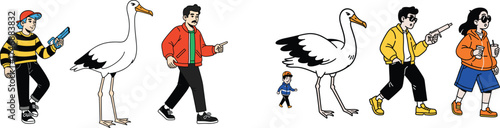 Diverse Group of People and Birds Walking Together in a Parade, Engaging in a Lively Conversation, Strolling Through an Urban Landscape, Illustrating Community, Fashion, and Wildlife Interaction, Mode