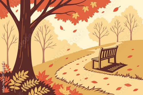  autumn forest, wooden bench, fallen leaves, vibrant colors, warm tones, cozy atmosphere, nature scene, serene landscape, scenic view, tranquil setting