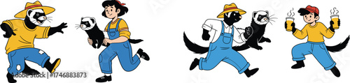 Animated Ferret Characters Running and Holding Coffee Cups Illustration: Comic style scene with anthropomorphic ferrets in denim overalls and hats, on the run delivering drinks, cartoon artwork with r