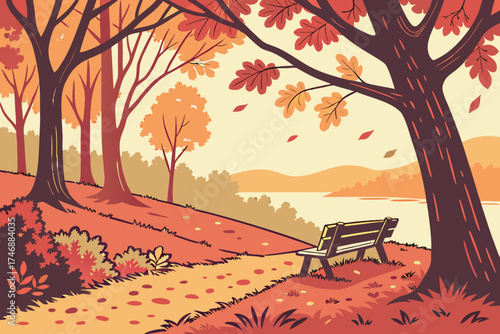  autumn forest, wooden bench, fallen leaves, vibrant colors, warm tones, cozy atmosphere, nature scene, serene landscape, scenic view, tranquil setting