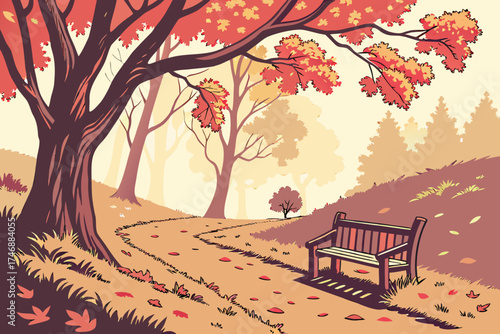  autumn forest, wooden bench, fallen leaves, vibrant colors, warm tones, cozy atmosphere, nature scene, serene landscape, scenic view, tranquil setting