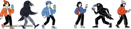 Contemporary Crowd Walking with Smartphones, Featuring Two Anthropomorphic Crows with Prosthetic Limbs, Demonstrating Modern Urban Lifestyle, Technology Integration, Communication, Social Connection,