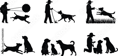 Silhouette vector illustration of people walking, training, and playing with dogs, pet companionship, animal care, friendship, outdoor lifestyle scenes
