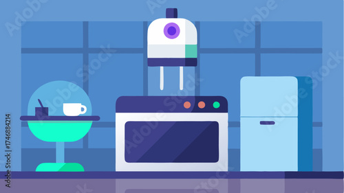 A futuristic kitchen gadget showcasing a smart assistant device equipped with a touch display for recipes and a sleek modern aesthetic.