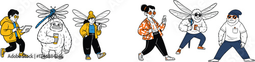 Eccentric Characters Strolling in Urban Setting, a Whimsical Vector Art Collection: Unique Individuals Enjoying City Life, Perfect for Creative Marketing, Editorial Design, and Modern Branding, Illust