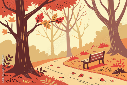  autumn forest, wooden bench, fallen leaves, vibrant colors, warm tones, cozy atmosphere, nature scene, serene landscape, scenic view, tranquil setting
