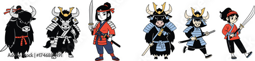Samurai Yaks and Warriors Posing with Swords in Traditional Japanese Gear, Cartoon Animal Characters Ready for Battle, Fantasy Creatures in Historical Setting, Illustration for Kids, Adventure Storyte