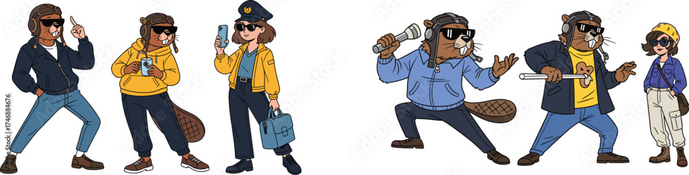 Fototapeta premium Cartoon Beaver Characters in Various Professions Posing in Animated Style Against White Background, Representing Different Jobs, Including Pilot, Police Officer, Conductor, and Tourist for Education,